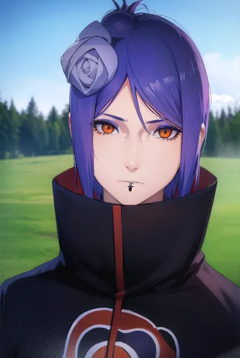 konan, <lora:konanv2-lora-nochekaiser:0.75>, <lyco:konanv2-lyco-nochekaiser:0.75>,
konan, short hair, hair ornament, blue hair, flower, hair flower, (orange eyes:1.5), (labret piercing:1.2), eyeshadow,
BREAK coat, cloak, black coat, black cloak, (akatsuki uniform:1.5), akatsuki \(naruto\), (akatsuki uniform:1.5),
BREAK outdoors, forest, nature, sky, cloud, sun,
BREAK looking at viewer, (cowboy shot:1.5),
BREAK <lyco:GoodHands-beta2:1>, (masterpiece:1.2), best quality, high resolution, unity 8k wallpaper, (illustration:0.8), (beautiful detailed eyes:1.6), extremely detailed face, perfect lighting, extremely detailed CG, (perfect hands, perfect anatomy),