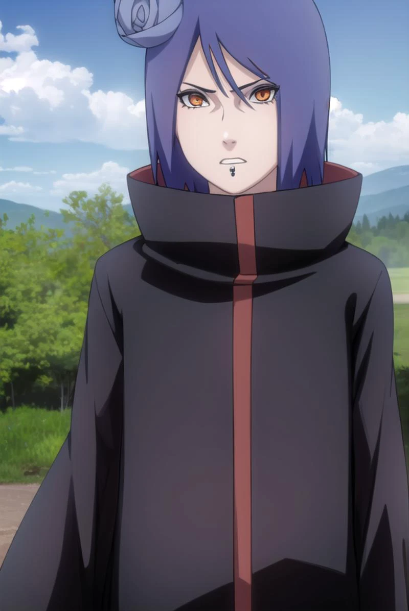 konan, <lyco:konanv2.5-lyco-nochekaiser:1>,
konan, short hair, hair ornament, blue hair, flower, hair flower, (orange eyes:1.2), (labret piercing:1.2), eyeshadow,
BREAK coat, cloak, black coat, black cloak, (akatsuki uniform:1.5), akatsuki \(naruto\),
BREAK outdoors, forest, nature, sky, cloud, sun,
BREAK looking at viewer, (cowboy shot:1.5),
BREAK <lyco:GoodHands-beta2:1>, (masterpiece:1.2), best quality, high resolution, unity 8k wallpaper, (illustration:0.8), (beautiful detailed eyes:1.6), extremely detailed face, perfect lighting, extremely detailed CG, (perfect hands, perfect anatomy),