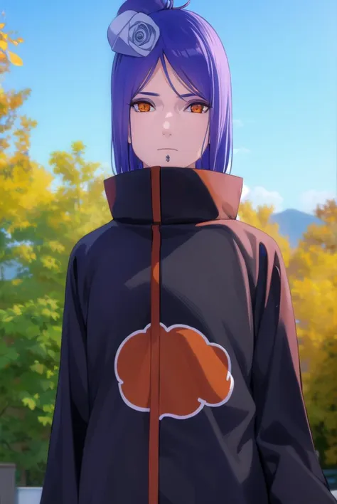 konan, <lora:konanv2-lora-nochekaiser:0.75>, <lyco:konanv2-lyco-nochekaiser:0.75>,
konan, short hair, hair ornament, blue hair, flower, hair flower, (orange eyes:1.5), (labret piercing:1.2), eyeshadow,
BREAK coat, cloak, black coat, black cloak, (akatsuki uniform:1.5), akatsuki \(naruto\), (akatsuki uniform:1.5),
BREAK outdoors, forest, nature, sky, cloud, sun,
BREAK looking at viewer, (cowboy shot:1.5),
BREAK <lyco:GoodHands-beta2:1>, (masterpiece:1.2), best quality, high resolution, unity 8k wallpaper, (illustration:0.8), (beautiful detailed eyes:1.6), extremely detailed face, perfect lighting, extremely detailed CG, (perfect hands, perfect anatomy),