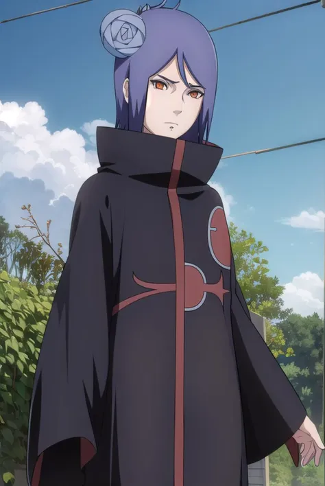 konan, <lyco:konanv2.5-lyco-nochekaiser:1>,
konan, short hair, hair ornament, blue hair, flower, hair flower, (orange eyes:1.2), (labret piercing:1.2), eyeshadow,
BREAK coat, cloak, black coat, black cloak, (akatsuki uniform:1.5), akatsuki \(naruto\),
BREAK outdoors, forest, nature, sky, cloud, sun,
BREAK looking at viewer, (cowboy shot:1.5),
BREAK <lyco:GoodHands-beta2:1>, (masterpiece:1.2), best quality, high resolution, unity 8k wallpaper, (illustration:0.8), (beautiful detailed eyes:1.6), extremely detailed face, perfect lighting, extremely detailed CG, (perfect hands, perfect anatomy),