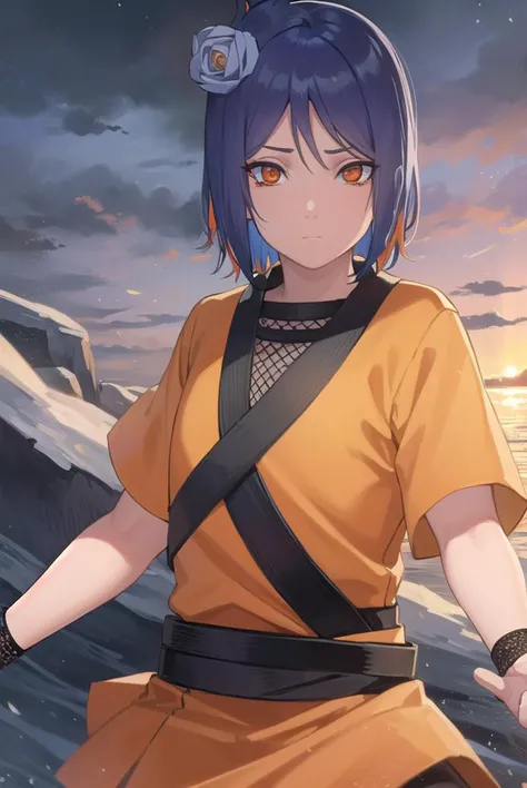 konan, <lyco:konan-lyco-nochekaiser:1>,
konan, blue hair, (orange eyes:1.5), short hair, hair ornament, flower, hair flower,
BREAK fishnets, japanese clothes, skirt,
BREAK cowboy shot, looking at viewer,
BREAK outdoors,
BREAK <lyco:GoodHands-beta2:1>, (masterpiece:1.2), best quality, high resolution, unity 8k wallpaper, (illustration:0.8), (beautiful detailed eyes:1.6), extremely detailed face, perfect lighting, extremely detailed CG, (perfect hands, perfect anatomy),