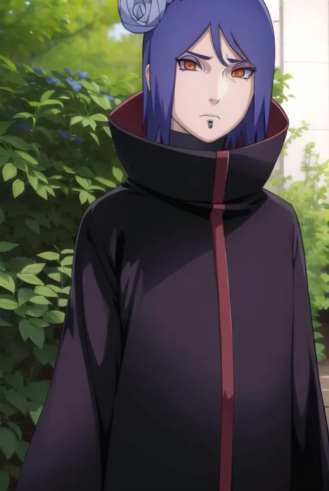 konan, <lyco:konanv2.5-lyco-nochekaiser:1>,
konan, short hair, hair ornament, blue hair, flower, hair flower, (orange eyes:1.2), (labret piercing:1.2), eyeshadow,
BREAK coat, cloak, black coat, black cloak, (akatsuki uniform:1.5), akatsuki \(naruto\),
BREAK outdoors, forest, nature, sky, cloud, sun,
BREAK looking at viewer, (cowboy shot:1.5),
BREAK <lyco:GoodHands-beta2:1>, (masterpiece:1.2), best quality, high resolution, unity 8k wallpaper, (illustration:0.8), (beautiful detailed eyes:1.6), extremely detailed face, perfect lighting, extremely detailed CG, (perfect hands, perfect anatomy),