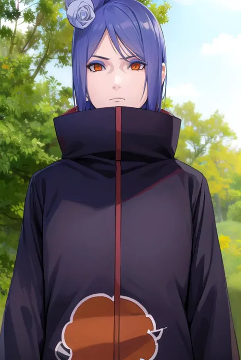 konan, <lora:konanv2-lora-nochekaiser:0.75>, <lyco:konanv2-lyco-nochekaiser:0.75>,
konan, short hair, hair ornament, blue hair, flower, hair flower, (orange eyes:1.5), (labret piercing:1.2), eyeshadow,
BREAK coat, cloak, black coat, black cloak, (akatsuki uniform:1.5), akatsuki \(naruto\), (akatsuki uniform:1.5),
BREAK outdoors, forest, nature, sky, cloud, sun,
BREAK looking at viewer, (cowboy shot:1.5),
BREAK <lyco:GoodHands-beta2:1>, (masterpiece:1.2), best quality, high resolution, unity 8k wallpaper, (illustration:0.8), (beautiful detailed eyes:1.6), extremely detailed face, perfect lighting, extremely detailed CG, (perfect hands, perfect anatomy),