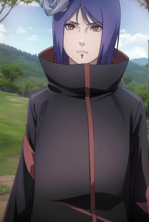 konan, <lyco:konanv2.5-lyco-nochekaiser:1>,
konan, short hair, hair ornament, blue hair, flower, hair flower, (orange eyes:1.2), (labret piercing:1.2), eyeshadow,
BREAK coat, cloak, black coat, black cloak, (akatsuki uniform:1.5), akatsuki \(naruto\),
BREAK outdoors, forest, nature, sky, cloud, sun,
BREAK looking at viewer, (cowboy shot:1.5),
BREAK <lyco:GoodHands-beta2:1>, (masterpiece:1.2), best quality, high resolution, unity 8k wallpaper, (illustration:0.8), (beautiful detailed eyes:1.6), extremely detailed face, perfect lighting, extremely detailed CG, (perfect hands, perfect anatomy),