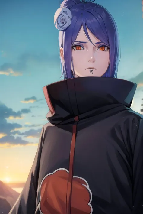 konan, <lora:konanv2-lora-nochekaiser:0.75>, <lyco:konanv2-lyco-nochekaiser:0.75>,
konan, short hair, hair ornament, blue hair, flower, hair flower, (orange eyes:1.5), (labret piercing:1.2), eyeshadow,
BREAK coat, cloak, black coat, black cloak, (akatsuki uniform:1.5), akatsuki \(naruto\), (akatsuki uniform:1.5),
BREAK outdoors, forest, nature, sky, cloud, sun,
BREAK looking at viewer, (cowboy shot:1.5),
BREAK <lyco:GoodHands-beta2:1>, (masterpiece:1.2), best quality, high resolution, unity 8k wallpaper, (illustration:0.8), (beautiful detailed eyes:1.6), extremely detailed face, perfect lighting, extremely detailed CG, (perfect hands, perfect anatomy),