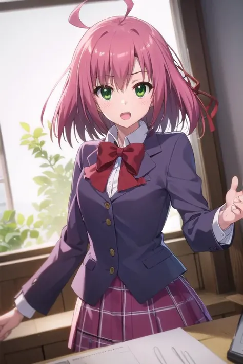 kurimusakurano, <lora:kurimu sakurano s2-lora-nochekaiser:1>,
kurimu sakurano, short hair, ribbon, (green eyes:1.3), hair ribbon, pink hair, ahoge, smile, open mouth,
BREAK skirt, school uniform, plaid, plaid skirt, shirt, white shirt, collared shirt, jacket, long sleeves,
BREAK indoors, classroom,
BREAK looking at viewer, (cowboy shot:1.5),
BREAK <lyco:GoodHands-beta2:1>, (masterpiece:1.2), best quality, high resolution, unity 8k wallpaper, (illustration:0.8), (beautiful detailed eyes:1.6), extremely detailed face, perfect lighting, extremely detailed CG, (perfect hands, perfect anatomy),