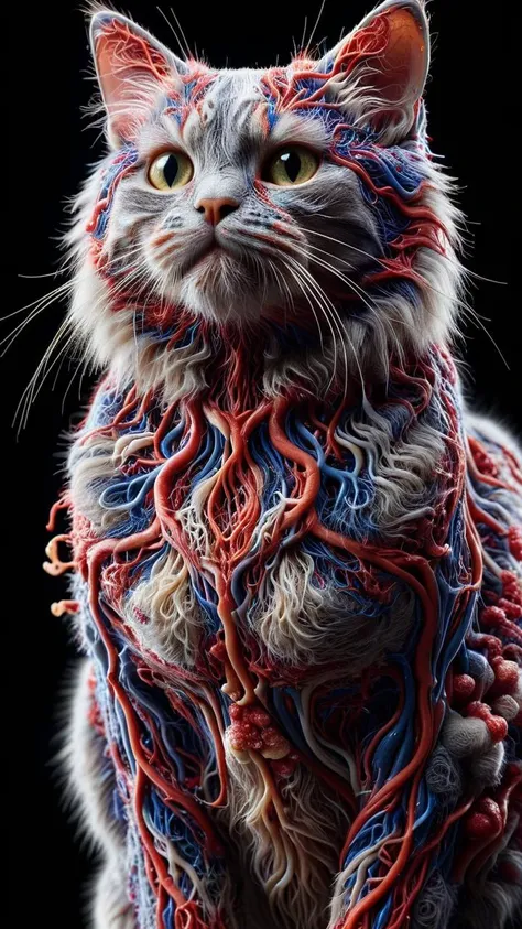 A cat made out of piles of organic tissue, disgusting ligament muscle tissue tendon sinew sarcocarp, wet, dripping, internal, organic, venereal horror peeling intense dark horror biological, terrifying living hell brutal overwhelming dread suffering emotional