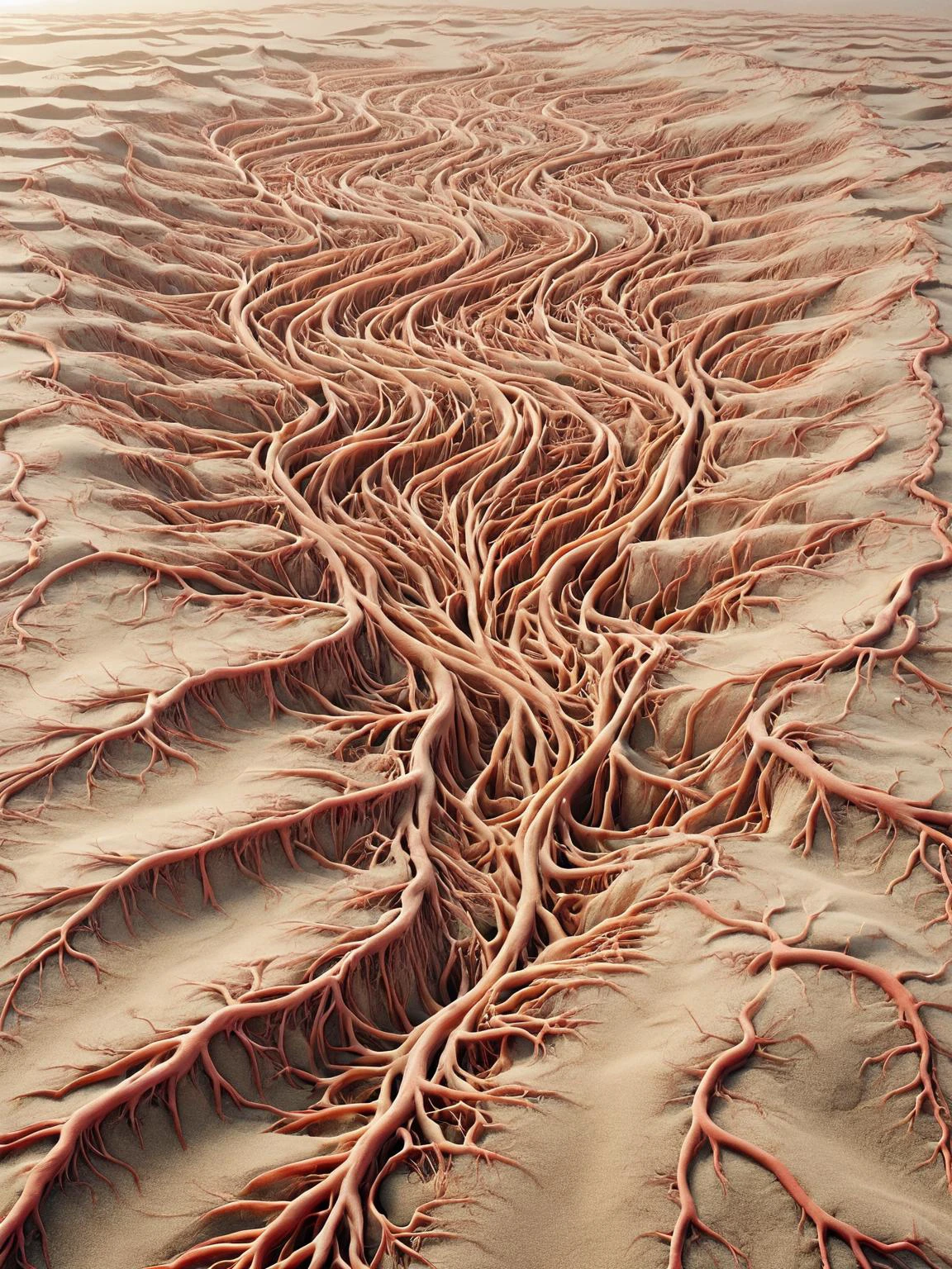 A vast desert, the sand covered with ais-vesselz, hinting at a hidden, monstrous heart. <lora:Vessels_Style_SDXL:1>