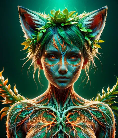 (masterpiece:1.1),(highest quality:1.1),(HDR:1),extreme quality,cg,(negative space),detailed face+eyes,1girl,fox ears,animal ear fluff,(plants:1.18),(fractal art),(bright colors),splashes of color background,colors mashing,paint splatter,complimentary colors,neon,(thunder tiger),compassionate,electric,limited palette,synthwave,fine art,tan skin,upper body,(green and orange:1.2) <lora:tranzp-sdxl:0.75> <lora:Vessels_Style_SDXL:0.65> ais-vesselz, tranzp