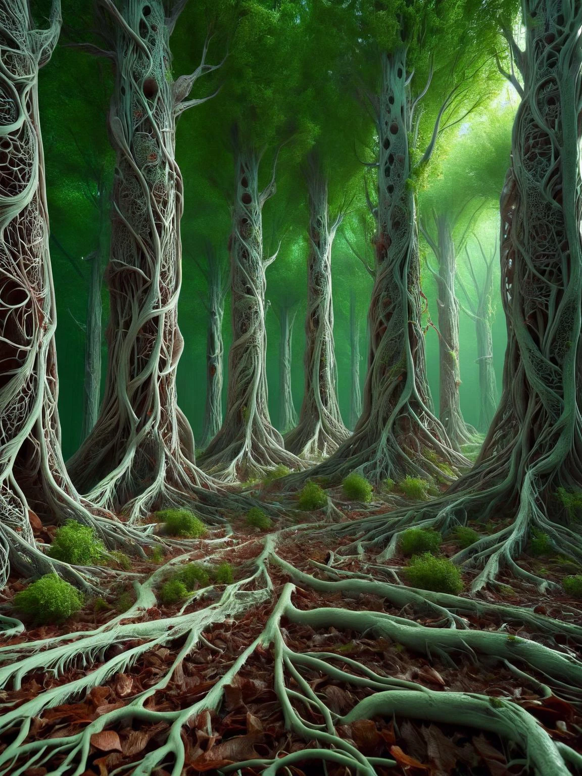 A forest where the trees are skeletal giants, their bark replaced by hardened ais-vesselz, their leaves pulsating with a sickly green glow. <lora:Vessels_Style_SDXL:1>