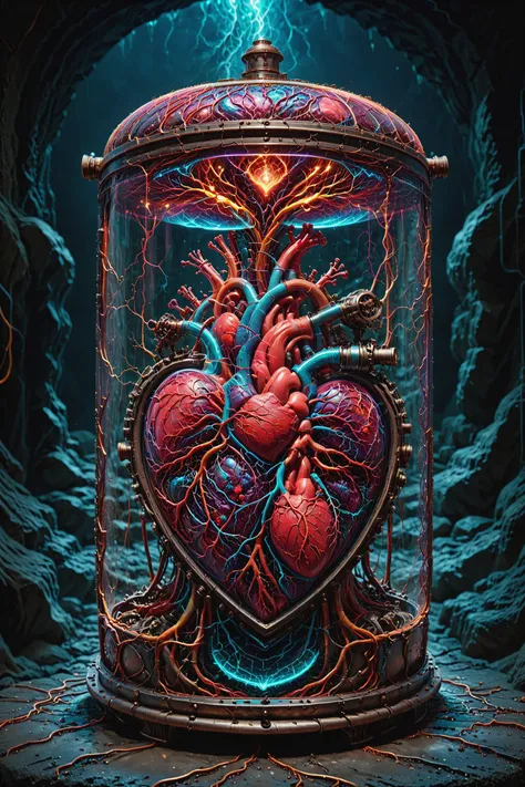contained color, a masterpiece illustration, a highly detailed sci-fi mechanical heart in a container with glass window and led lighting, in a dark sci-fi cave, steampunk, flow, detailed, (lightning strikes:1.2), symmetric, liquid paint, abstract art, psychedelic <lora:Contained_Color_SDXL:1> , a hand over the container <lora:add-detail-xl:1> covered with shiny and slippery (neon:1.3) ais-vesselz veins <lora:Vessels_Style_SDXL:0.8>, extremely intricate details, photorealistic, selective focus, extremely detailed, fine detail, rich colors, high quality, sharp focus, 8k uhd