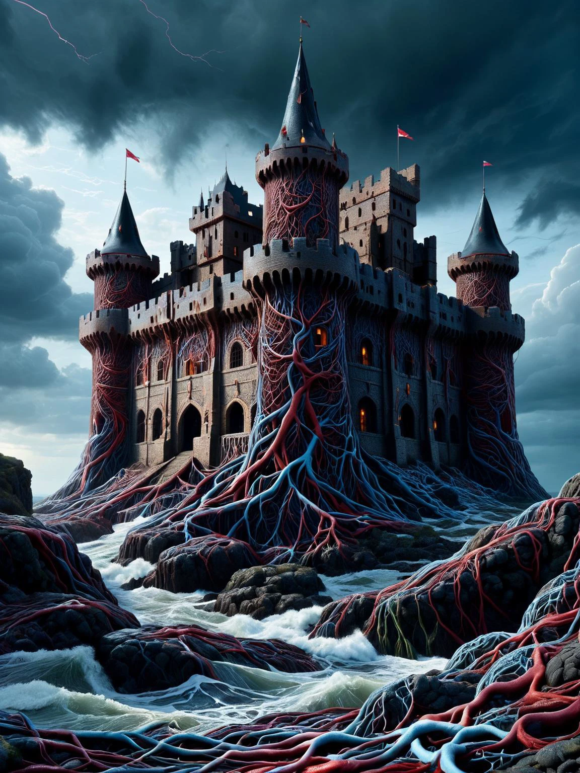 A fortified castle covered with ais-vesselz , ready to defend itself from the oncoming seige, a dark and stormy sky overhead gives a stunning backdrop to an ominous scene <lora:Vessels_Style_SDXL:1><lora:EnvyBetterHiresFixXL01:0:hr=1>