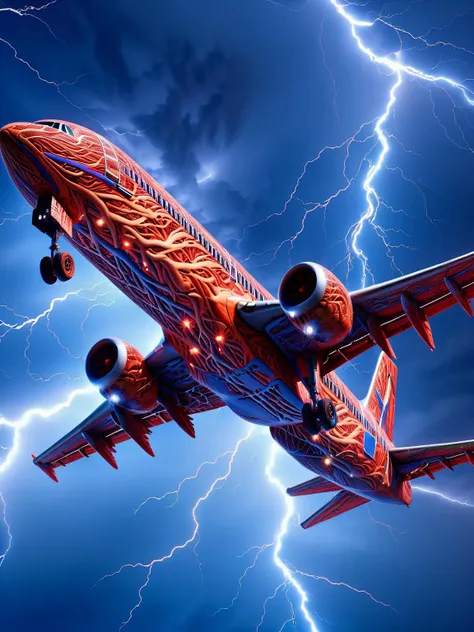 A ais-vesselz airplane, struggling to fly in a heavy thunderstorm. With ais-vezzelz lightning. A stunning visual, full of peril. HDR. <lora:Vessels_Style_SDXL:1><lora:EnvyBetterHiresFixXL01:0:hr=1>