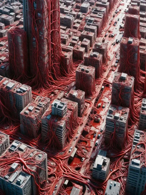 A deserted cityscape covered with ais-vesselz, buildings crumbling, revealing the pulsating ais-vesselz of their steel and concrete cores, the streets covered with ais-vesselz, slick with a viscous red liquid. <lora:Vessels_Style_SDXL:1>