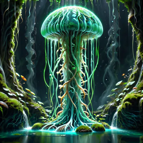 there is a tall green waterfall with a light coming out of it, painttoolsai, moss terrarium, space jellyfish, circle, fluids, no background and shadows, roots dangling below, newgrounds, stands in a pool of water, polluted, faint glow, without text,  <lora:Vessels_Style_SDXL:0.8> ais-vesselz, covered with ais-vesselz