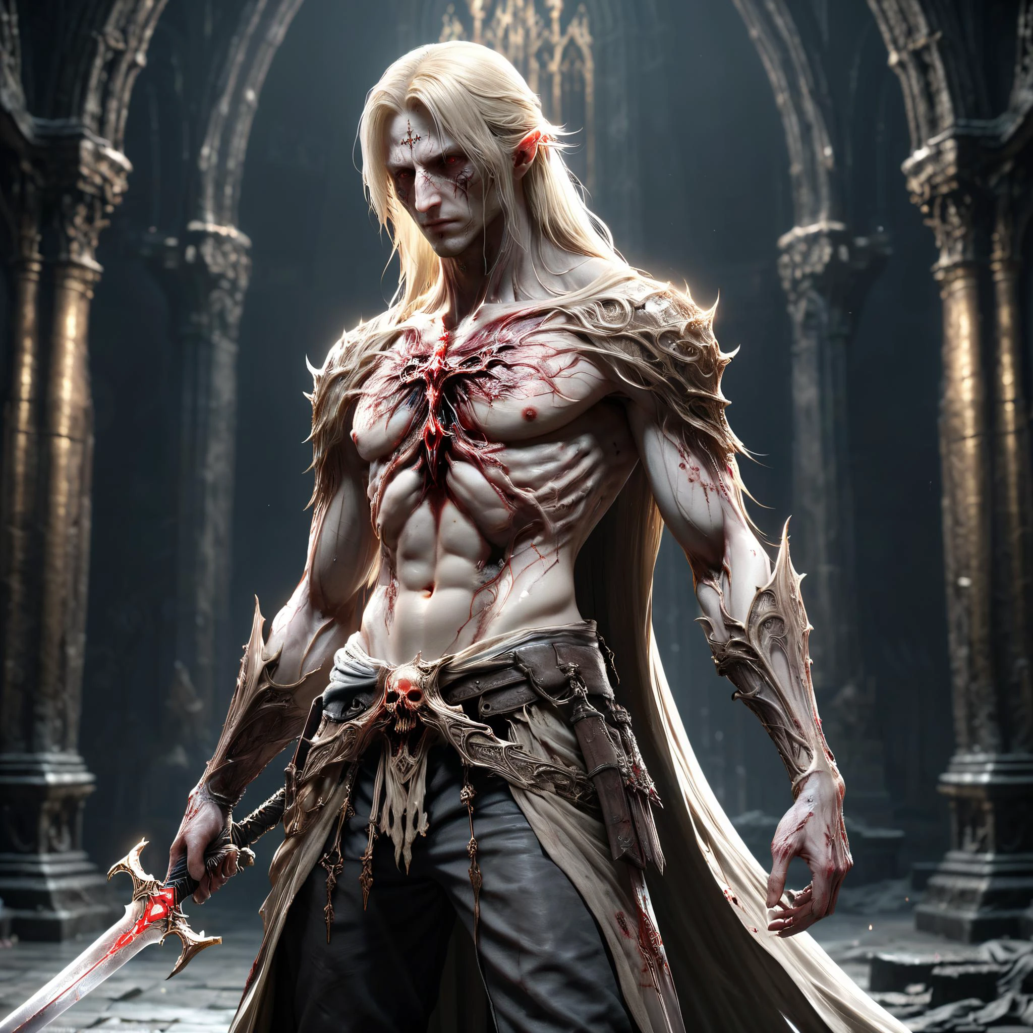 (masterpiece:1.2), (best quality:1.2), (extremely detailed:1.2), arafed man with long hair and a sword in a dark room, bloodborne cathedral, extremely pale blond hair, dof 1. 3, wingspan, lie on a golden stone, streaming on twitch, ashen blonde hair, inspired by EizÅ KatÅ, bend over posture, 4 k post, punished, religious imagery, necrosis, <lora:Vessels_Style_SDXL:0.4> ais-vesselz, covered with ais-vesselz