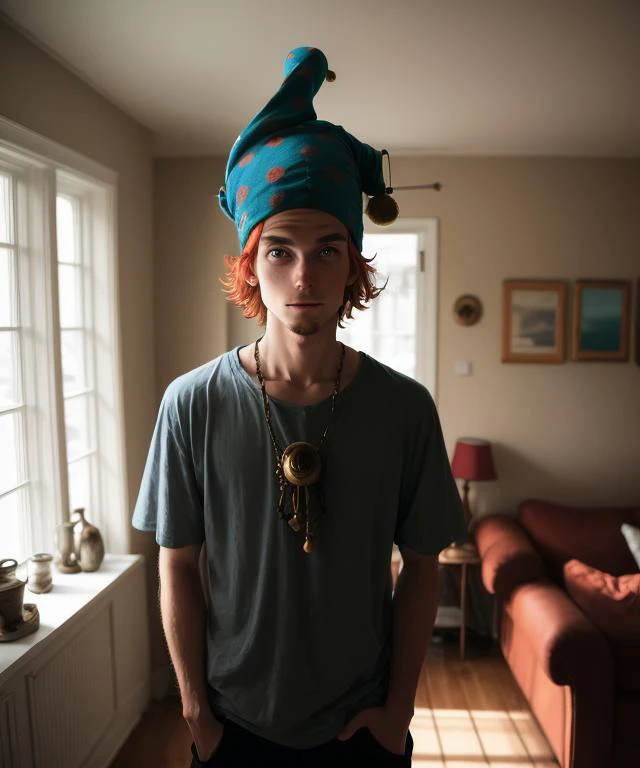 (young man with jestercap on head, looking at viewer : 2.0). standing inside a living room, analog photo, carl zeiss lens, hyperdetailed, <lora:jestercap-10:1>
