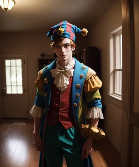 (young man with jestercap on head, looking at viewer : 2.0), full costume. standing inside a living room, analog photo, carl zeiss lens, hyperdetailed, <lora:jestercap-10:1>