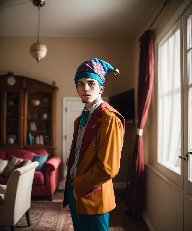(young man with jestercap on head, looking at viewer : 2.0). standing inside a living room, analog photo, carl zeiss lens, hyperdetailed, <lora:jestercap-10:1>