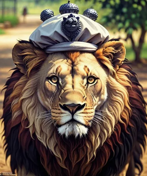 (lion with jestercap on head, looking at viewer : 2.0) inside a zoo, analog photo, national geographic, hyperdetailed, <lora:jestercap-10:1>