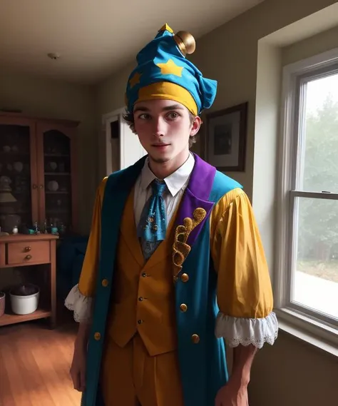 (young man with jestercap on head, looking at viewer : 2.0), full costume. standing inside a living room, analog photo, carl zeiss lens, hyperdetailed, <lora:jestercap-10:1>