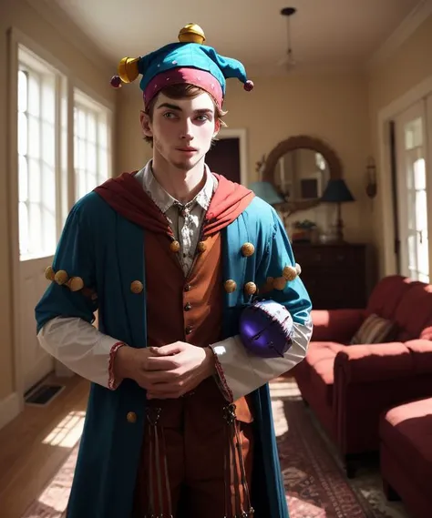 (young man with jestercap on head, looking at viewer : 2.0), full costume. standing inside a living room, analog photo, carl zeiss lens, hyperdetailed, <lora:jestercap-10:1>
