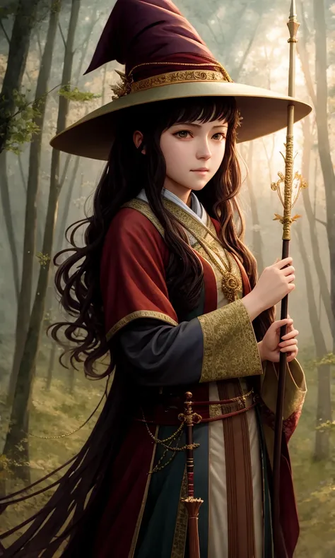 a painting of  mayca1amaw7 dressed as a wizard with a staff and a staff of fire in her hand, 1girl, forest, grass, hat, holding, leaf, long_hair, long_sleeves, nature, outdoors, plant, solo, sunlight, tree, very_long_hair, wide_sleeves, witch_hat,
(Masterpiece:1.2), (best quality:1.2), (illustration:1.1), (1girl:1.1), detailed, Cinematic light, intricate detail, highres, official art, art by hidari and krenz cushart and wenjun lin and starember,(watercolor:0.8),(my_collect_1022-52000-120000-256000:0.4),(hiten:0.6),, , (Masterpiece:1.2), (best quality:1.2), (illustration:1.1), (1girl:1.1), detailed, Cinematic light, intricate detail, highres, official art, (watercolor:1.0), art by hidari and krenz cushart and wenjun lin and starember,