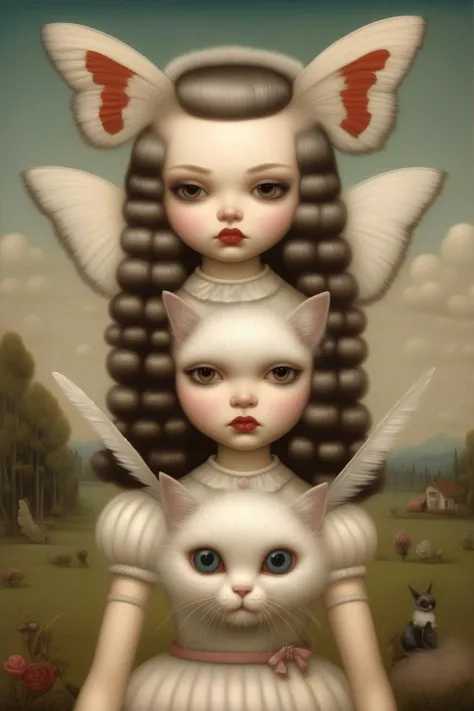 <lora:Mark Ryden Style:1>Mark Ryden Style - a stunning beautiful gorgeous small cute hyperrealistic girl holding a catmoth fluffy and furry white with feather antennae a painting