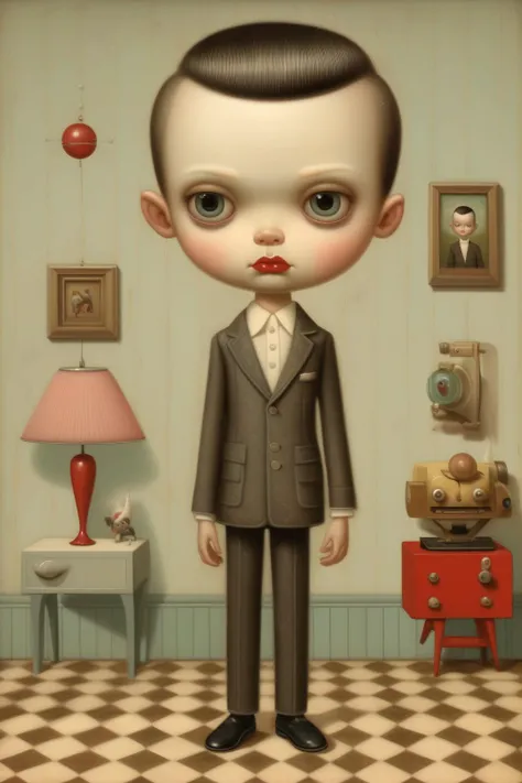 <lora:Mark Ryden Style:1>Mark Ryden Style - Mark Ryden style illustration of mid-century modern beautiful boy