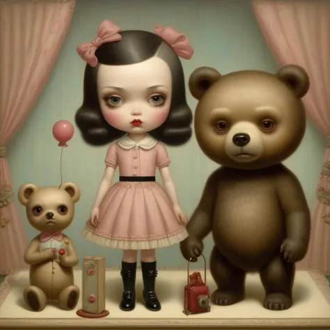 a photo of <lora:Mark Ryden Style:1>Mark Ryden Style - mark ryden high resolution, a girl, a bear