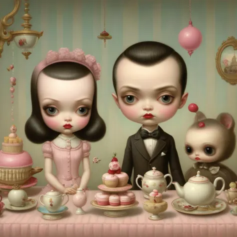 a photo of <lora:Mark Ryden Style:1>Mark Ryden Style - mark ryden high resolution, a surreal scene, a birthday party