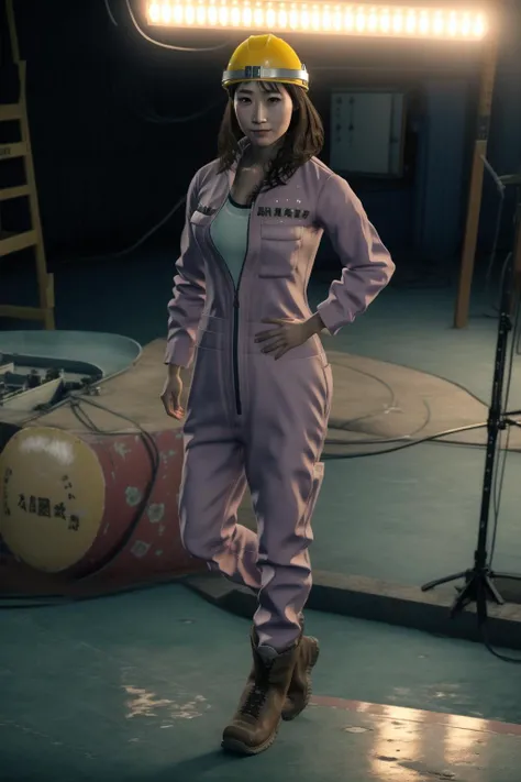 <lora:sumire_sawa:1>, sumire sawa, 4k, high detail, studio lighting, masterpiece, best quality, 1girl, solo, jumpsuit, boots, brown hair, brown eyes, helmet, hand on hip, black footwear, full body, hardhat, looking at viewer, standing, lips, smile, :q, realistic