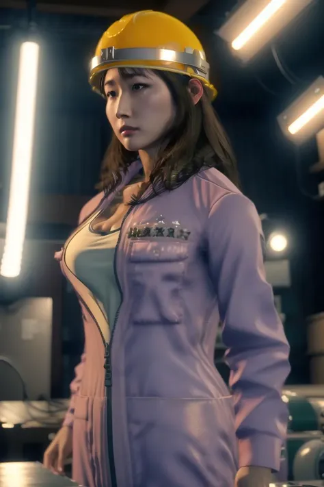 <lora:sumire_sawa:1>, sumire sawa, 4k, high detail, studio lighting, masterpiece, best quality, 1girl, solo, brown hair, helmet, hardhat, breasts, cleavage, brown eyes, jacket, lips, upper body, medium breasts, jumpsuit, long hair, realistic, unzipped, zipper
