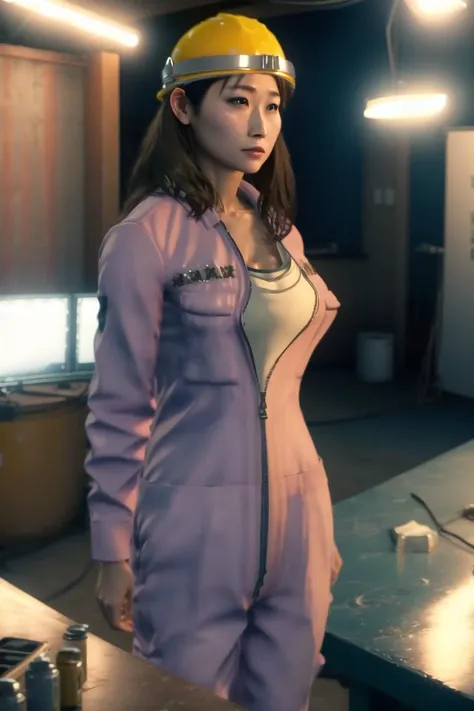<lora:sumire_sawa:1>, sumire sawa, 4k, high detail, studio lighting, masterpiece, best quality, 1girl, solo, brown hair, helmet, hardhat, breasts, cleavage, brown eyes, jacket, lips, upper body, medium breasts, jumpsuit, long hair, realistic, unzipped, zipper