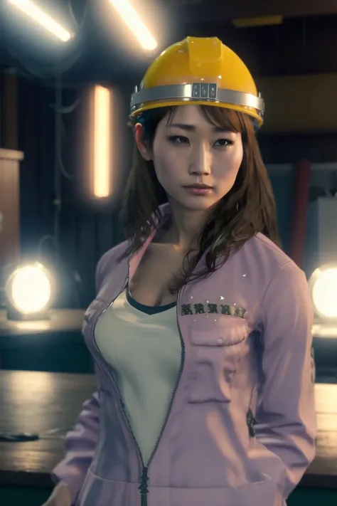 <lora:sumire_sawa:1>, sumire sawa, 4k, high detail, studio lighting, masterpiece, best quality, 1girl, solo, brown hair, helmet, hardhat, breasts, cleavage, brown eyes, jacket, lips, portrait, medium breasts, jumpsuit, long hair, realistic, unzipped, zipper, looking at viewer,