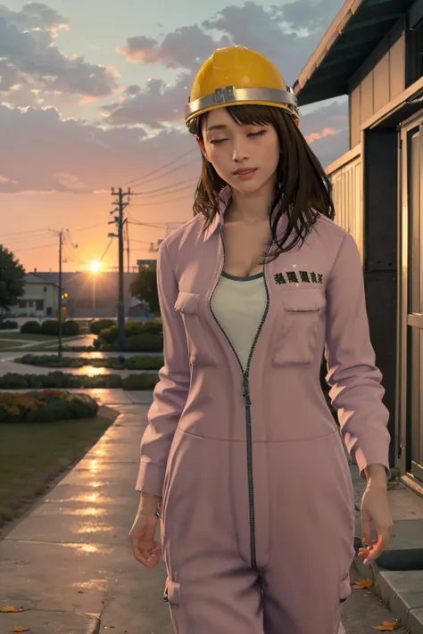 (masterpiece, best quality:1.2), <lora:sumire_sawa:.9>, sumire sawa, 1girl, solo, brown hair, helmet, hardhat, breasts, cleavage, brown eyes, jacket, lips, large breasts, jumpsuit, long hair, unzipped, zipper, stairs, outdoors, sky, cloud, sunset, power lines, building, open mouth, smile, scenery, leaf, house, railing, flower, evening, looking at viewer, utility pole, plant, wind, walking, closed eyes, :d, wide shot, cloudy sky, sunlight, falling leaves, autumn, orange sky, autumn leaves