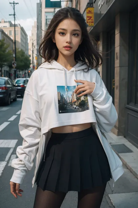 Best quality, masterpiece, ultra high res, raw photo, beautiful and aesthetic,deep shadow, dark theme,(photorealistic:1.4),
1girl, pantyhose, white pleated skirt, hoodie, slim body, fit,
Graceful poise, evocative atmosphere, magnetic presence, refined seduction, captivating mystique,
Intricate zentangle patterns, a single female figure, astonishing level of detail, generously endowed, portrait composition, striking perspective, a chaotic masterpiece, gracefully poised, inspired by brutalist architecture, vibrant color palette, undertones,