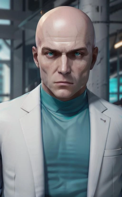 <lora:Mobster_Hotline_Miami:0.85> mobster,  male, bald, white suit, teal dress shirt,   <lora:Agent47_hitman-KK77-V1:1> 1 old_Man, 50yo,male,looking at viewer,(angry:1.0),, best quality, masterpiece, detailed, 8K, uhd, (extremely detailed CG unity 8k wallpaper),(masterpiece), (best quality), (ultra-detailed), (best illustration), detailed face, skin pores, detailed skin, detailed eyes, high quality eyes, good quality hands, high resolution, great anatomy