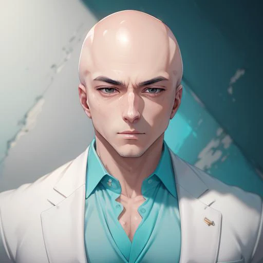 <lora:Mobster_Hotline_Miami:0.85> mobster, white suit, teal dress shirt, bald, male, male focus, best quality, masterpiece, detailed, 8K, uhd, (extremely detailed CG unity 8k wallpaper),(masterpiece), (best quality), (ultra-detailed), (best illustration), detailed face, skin pores, detailed skin, detailed eyes, high quality eyes, good quality hands, high resolution, great anatomy