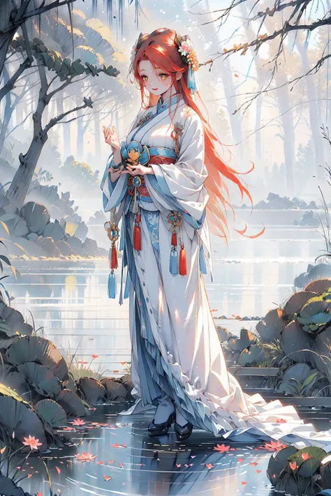 <lora:mn_20231016174205:0.7>, (lupusregina:1.1) , (solo, 1girl), (dark-skinned_female:1.1), (cute, beautiful, :1.5), (huge breasts), (Clothing out of hanfu, chinese clothing), (detail snowy landscape and lotus pond, starry night sky, outdoors), (full body:1.4), soft light, (smile,smirk),
perfect(face ,eyes , nose, hands , arms), detailed fingers, extremely detailed eyes and face, beautiful detailed nose, beautiful detailed eyes, (RAW photo, best quality), (realistic, photo-realistic:2.0), extremely detailed, CG, 8k Amazing, finely detail, (masterpiece:2.0, best quality), realistic, (real picture, intricate details, depth of field), beautiful detailed girl, wide hips, small waist, glossy pink lips, yellow eyes, (((colorful gradient multi-colored red hair), hair_between_eyes )), elegant ,slender figure, fighting stance , <lora:NaturalLargeBreasts:0.65>, <lora:cozy animation scenes_20230824111332:0.7>,