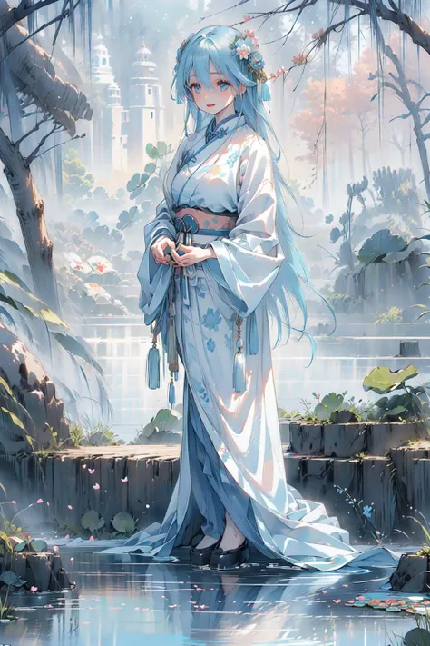 <lora:mn_20231016174205:0.7> (solo, 1girl), (cute, beautiful, :1.4), (huge breasts:1.1), (Clothing out of hanfu, chinese clothing), (detail spring landscape and lotus pond, starry night sky, outdoors), (full body:1.5), soft light, (happy smile),
perfect(face ,eyes , nose, hands , arms), detailed fingers, extremely detailed eyes and face, beautiful detailed nose, beautiful detailed eyes, (RAW photo, best quality), (realistic, photo-realistic:2.0), extremely detailed, CG, 8k Amazing, finely detail, (masterpiece:2.0, best quality), realistic, (real picture, intricate details, depth of field), beautiful detailed girl, wide hips, small waist, glossy pink lips, aqua eyes, (((colorful gradient multi-colored sky blue hair), hair_between_eyes )), elegant ,slender figure, dynamic pose , <lora:NaturalLargeBreasts:0.7>, <lora:cozy animation scenes_20230824111332:0.7>, cozy,