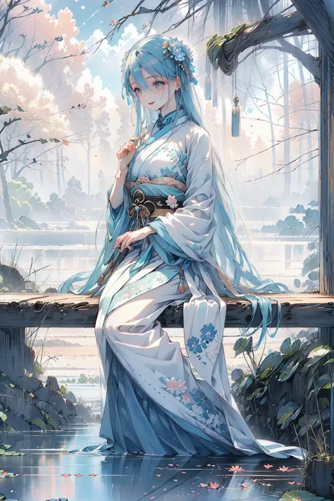 <lora:mn_20231016174205:0.7> (solo, 1girl), (cute, beautiful, :1.4), (huge breasts:1.1), (Clothing out of hanfu, chinese clothing), (detail spring landscape and lotus pond, starry night sky, outdoors), (full body:1.5), soft light, (happy smile),
perfect(face ,eyes , nose, hands , arms), detailed fingers, extremely detailed eyes and face, beautiful detailed nose, beautiful detailed eyes, (RAW photo, best quality), (realistic, photo-realistic:2.0), extremely detailed, CG, 8k Amazing, finely detail, (masterpiece:2.0, best quality), realistic, (real picture, intricate details, depth of field), beautiful detailed girl, wide hips, small waist, glossy pink lips, aqua eyes, (((colorful gradient multi-colored sky blue hair), hair_between_eyes )), elegant ,slender figure, dynamic pose , <lora:NaturalLargeBreasts:0.7>, <lora:cozy animation scenes_20230824111332:0.7>, cozy,