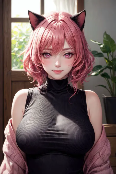 masterpiece, best quality, (ultra realistic details) ,8k, ultra sharp, realistic light,shadows,(portrait:1.1), (upper body:1.2),blush,smile,looking at viewers,flower hair,hair ornaments,indoors,<lora:add_detail:0.8>, 1girl,<lora:CHAR-YuukiNinjaWars:0.7> YuukiNinjaWars, cat ears, short hair, large breasts, turtleneck sweater, sleeveless, pink hair, pink eyes,