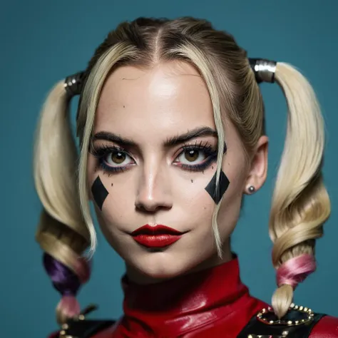 High res closeup portrait photo of an actress dressed as Harley Quinn, f /2.8, Canon, 85mm,cinematic, high quality, skin texture, looking at the camera, <lora:ismerced_xl_4_standard_merger_29prev_20_37_04_03_03:1>