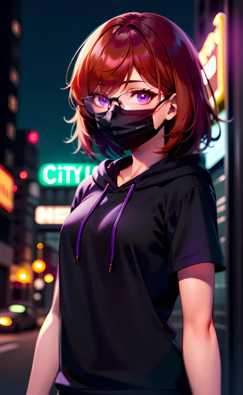 1girl, upper body, standing, medium hair, orange hair, purple eyes, black glasses, black mask, mouth mask, black hoodie, short sleeves, outdoors, city, street, night, neon lights