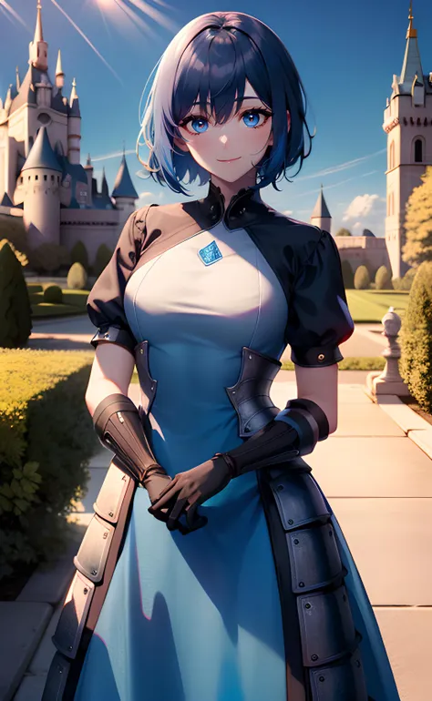 1girl, cowboy shot, standing, short hair, blue hair, blue eyes, armored dress, black dress, short sleeves, black gloves, closed mouth, smile, outdoors, castle, blue sky, sunlight