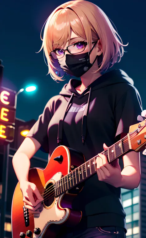 1girl, upper body, standing, medium hair, blonde hair, purple eyes, black glasses, black mask, mouth mask, black hoodie, short sleeves, playing guitar, outdoors, city, street, night, neon lights