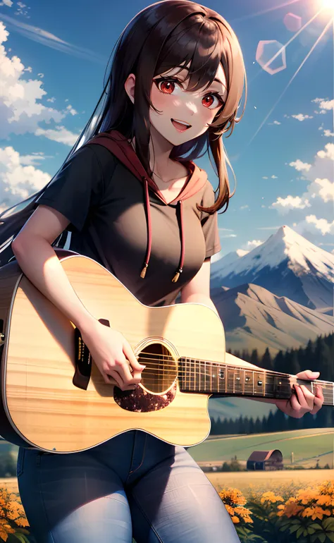 1girl, cowboy shot, standing, long hair, brown hair, red eyes, black hoodie, short sleeves, jeans, collarbone, open mouth, smile, playing guitar, outdoors, farm, mountain, blue sky, sunlight