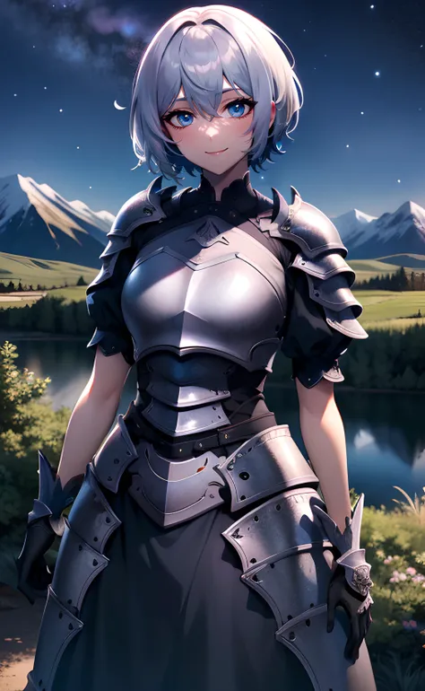 1girl, cowboy shot, standing, short hair, silver hair, blue eyes, armored dress, black dress, short sleeves, black gloves, closed mouth, smile, nature, mountain, night, night sky