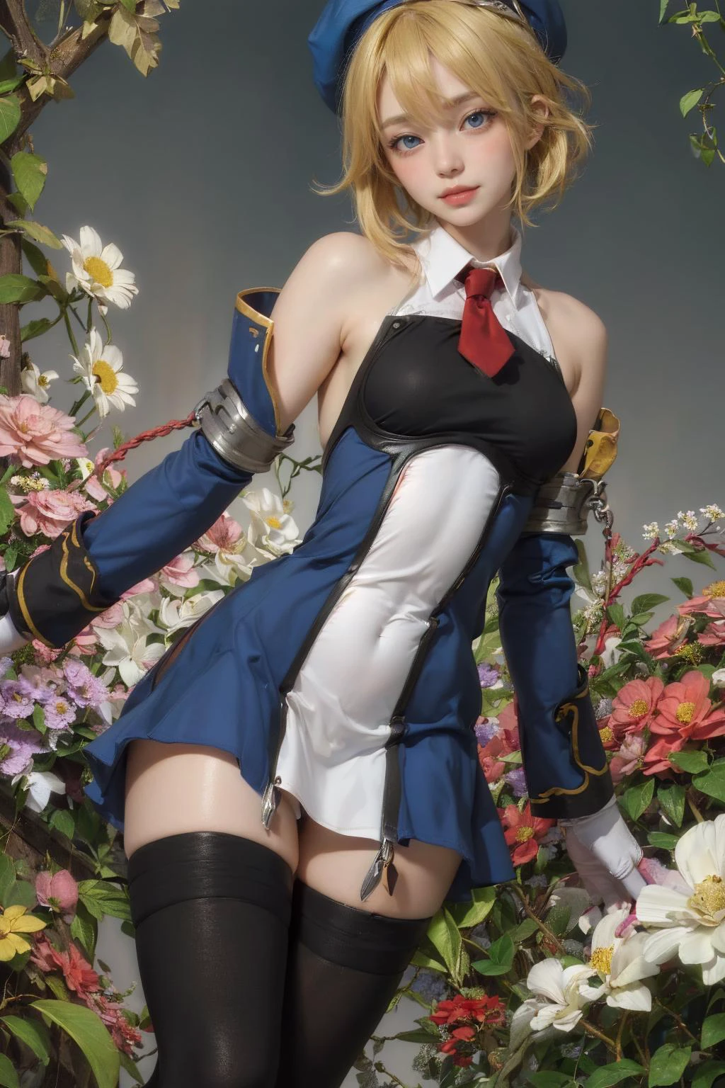 (8k, RAW photo, best quality, masterpiece:1.2), High detail RAW color photo, professional photograph
,(realistic, photo realistic:1.35), ((best quality)), (masterpiece:1.5), (best quality:1.2),(cinematic light)
,(looking at viewer,body shot,from front,front shot:1.2),
<lora:Noel:0.9>noel vermillion,thighhighs,blue hat, boots,blue beret,red necktie, detached sleeves, short hair, black thighhighs, gloves, dress,thigh gap, zettai ryouiki, bare shoulders, short dress
,(ultra-detailed blonde short hair,many detailed tangle hair streak:1.2)
,(flower garden background:1.2)